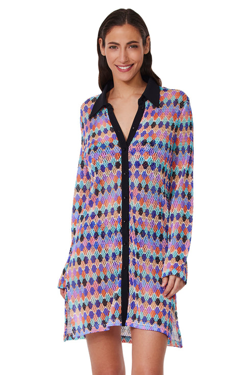 Profile by Gottex Retro Riviera Netted Crochet Buttoned Tunic Cover-Up
